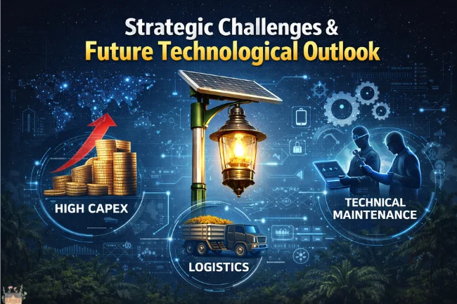 Modern street lamp surrounded by icons representing cost, logistics, and maintenance challenges for sustainable lighting projects.