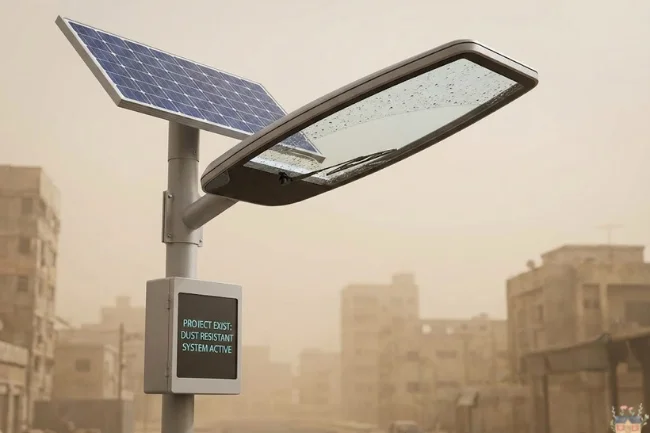 Smart outdoor lighting fixture with an integrated mechanical wiper and solar panel operating during a sandstorm.