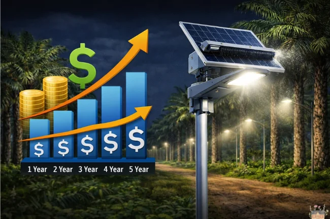 Outdoor LED fixture with rising profit chart illustration at night