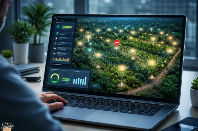 Smart plantation lighting control dashboard on laptop screen