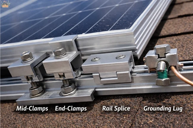 Solar panel mounting system components including mid-clamps, end-clamps, rail splice, and grounding lug installed on aluminum rail for 365W solar panel installation.