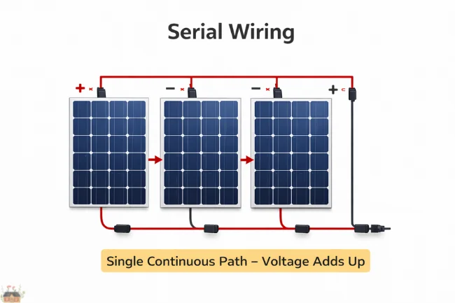 Solar Panels Serial or Parallel – serial wiring diagram showing panels connected positive to negative in a single continuous path