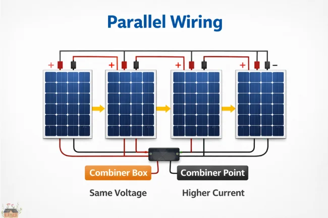 Solar Panels Serial or Parallel diagram showing parallel wiring with combiner box, same voltage and higher current setup