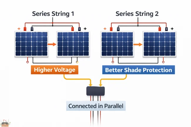 Residential PV array showing two strings feeding into a combiner box for improved redundancy.
