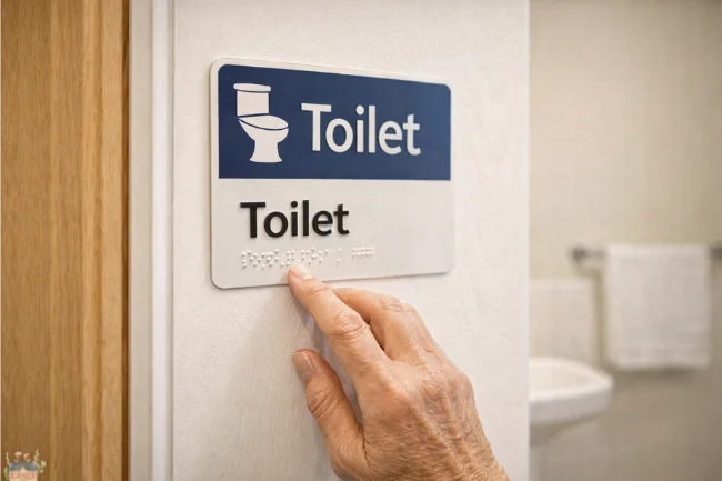 Bathroom door with Toilet sign featuring icon, text, and Braille for dementia and vision-impaired accessibility.