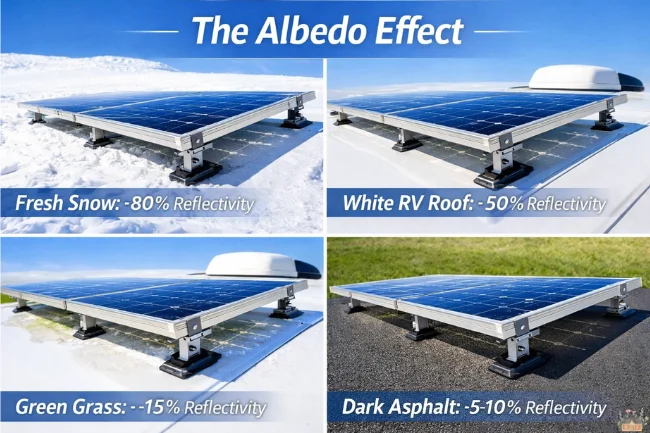 Bifacial solar panels over snow, white RV roof, grass, and asphalt showing albedo reflectivity comparison and energy yield differences.