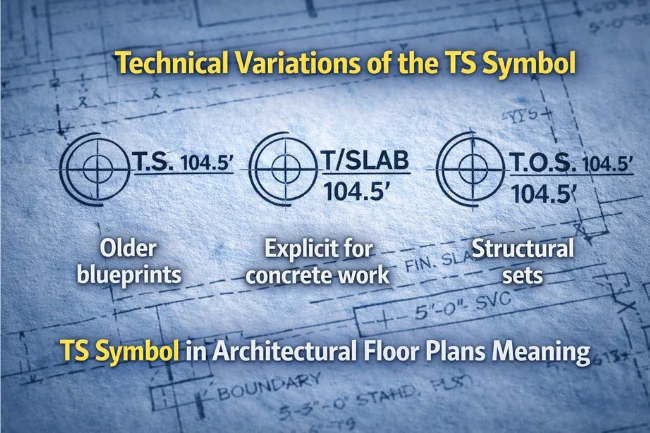 Blueprint showing T.S., T/SLAB, and T.O.S. slab elevation symbols on a floor plan