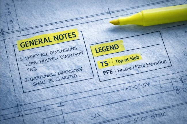 Close-up of an architectural blueprint highlighting the General Notes and Legend sections with a highlighter pen