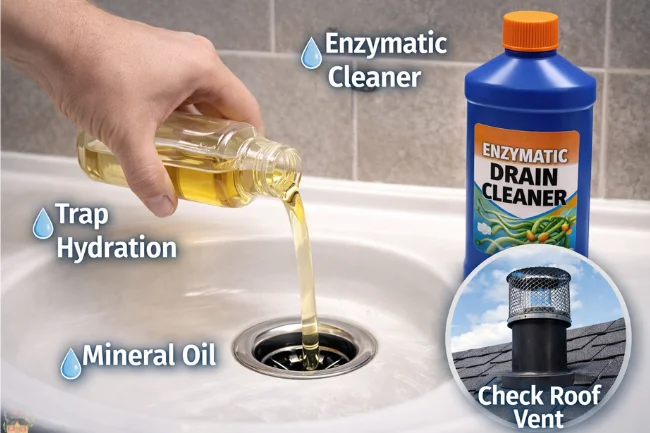 Hand pouring mineral oil into a bathroom sink drain with enzymatic cleaner nearby and inset showing a roof vent with mesh screen for plumbing odor prevention.