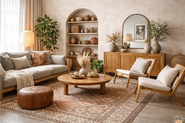 Living room blending global styles with a Moroccan rug, Mid-Century Modern chair, Japandi low table, and Scandinavian décor accents.