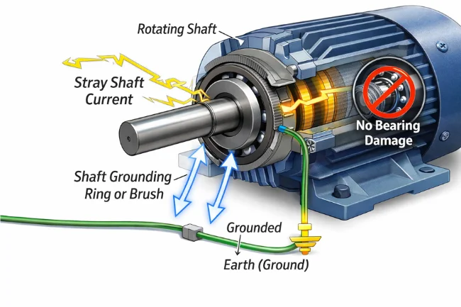 axis earthing diagram showing how shaft grounding safely diverts stray shaft current from a motor shaft to earth