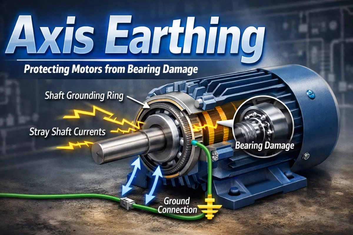 Axis earthing diagram showing motor shaft grounding ring diverting stray shaft currents to ground to prevent bearing damage