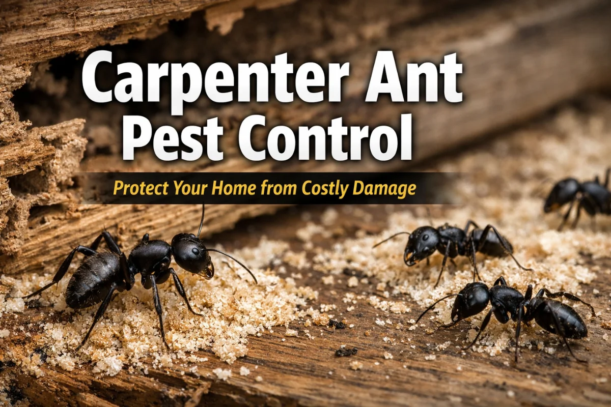 Carpenter Ant Pest Control with close-up of black carpenter ants on damaged wooden beam and visible frass