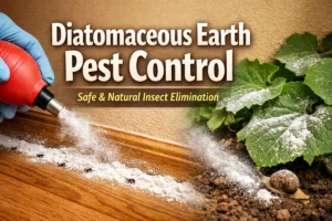 Diatomaceous Earth Pest Control powder applied along baseboard and garden plants for natural insect control