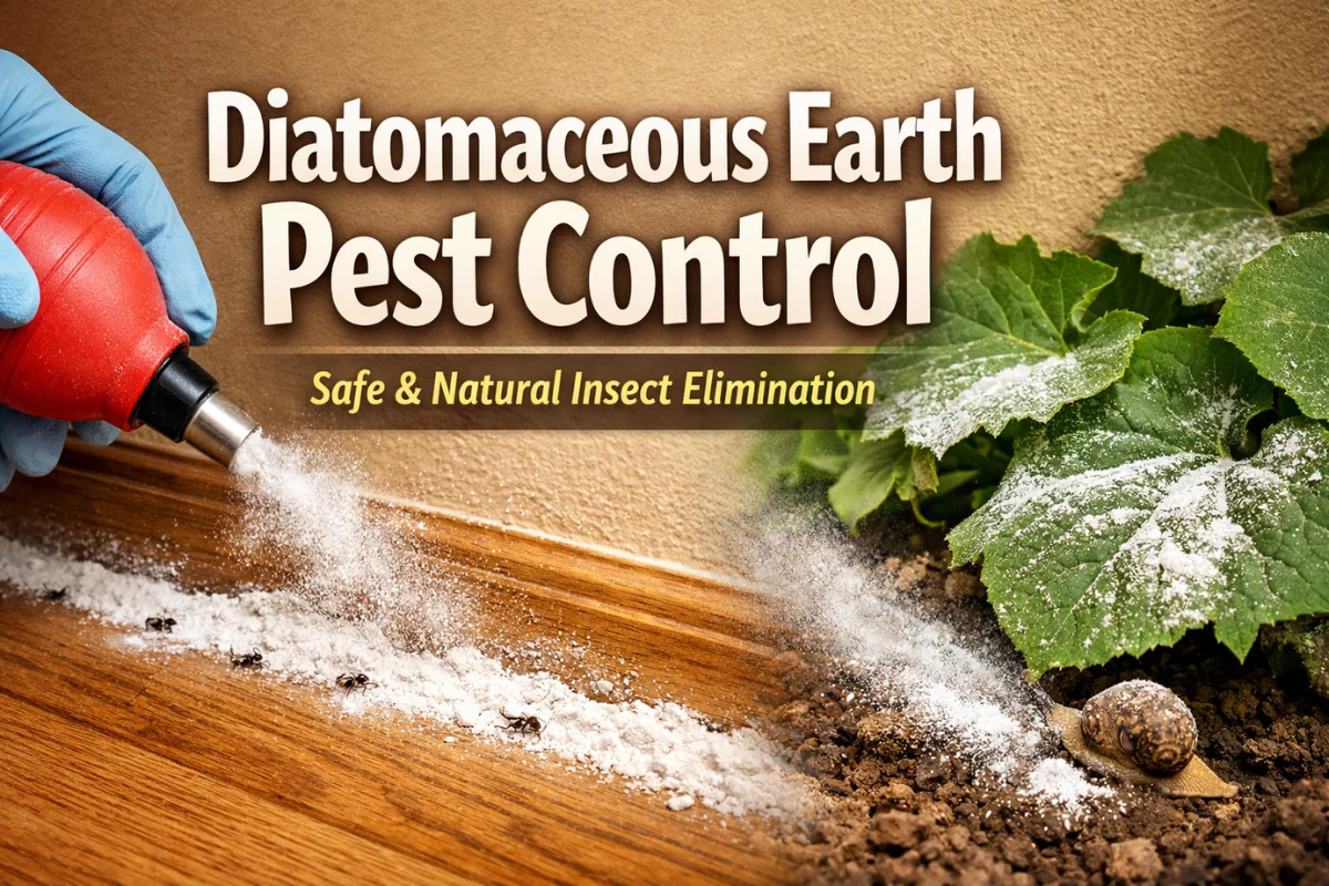 Diatomaceous Earth Pest Control powder applied along baseboard and garden plants for natural insect control