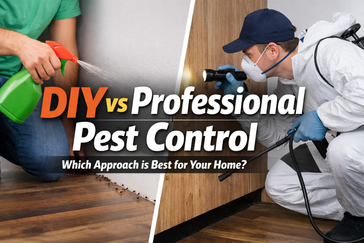 DIY vs Professional Pest Control comparison showing homeowner spraying insects on one side and licensed exterminator inspecting a house on the other.