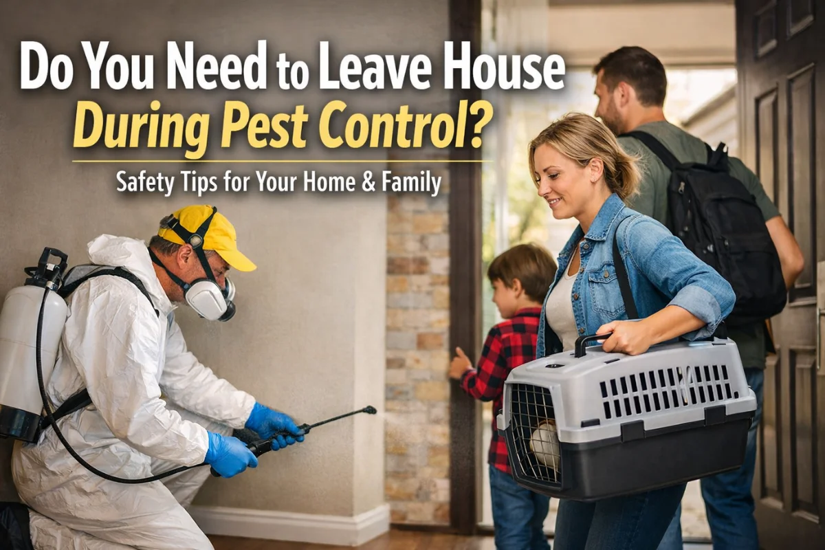 Do You Need to Leave House During Pest Control? Family leaving home while pest control technician sprays indoors