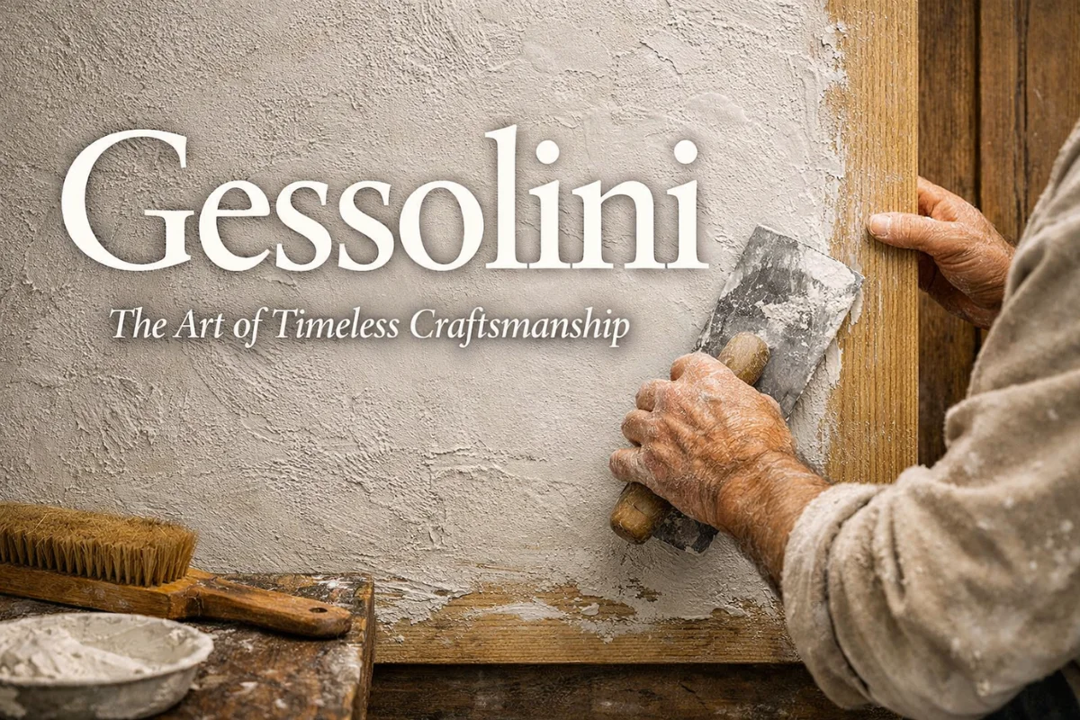 Gessolini craftsmanship concept showing an artisan applying plaster with traditional tools to create a textured architectural surface