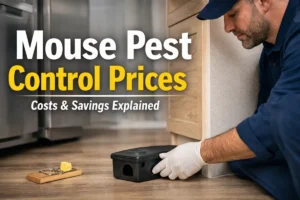 Mouse Pest Control Prices guide with pest control technician placing bait station in a modern home