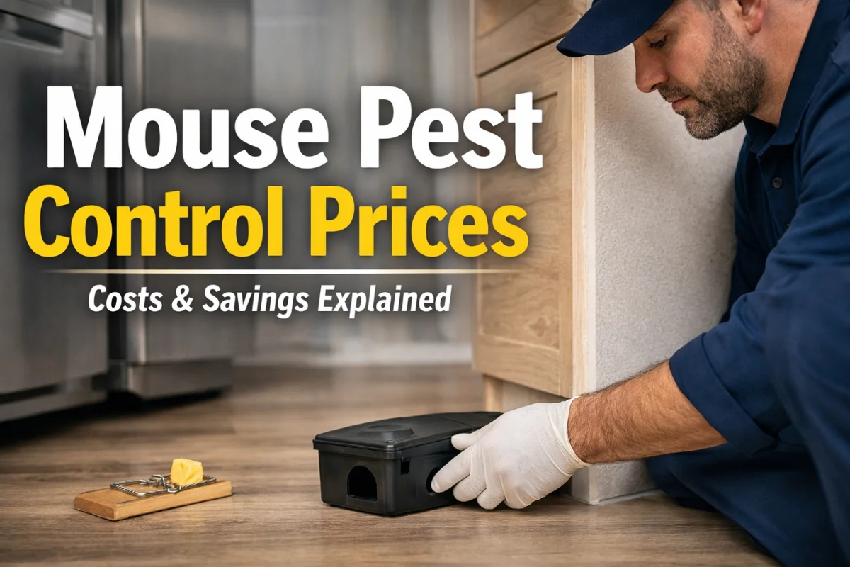 Mouse Pest Control Prices guide with pest control technician placing bait station in a modern home