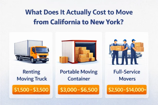 moving from California to New York cost comparison showing movers, containers, and DIY truck options