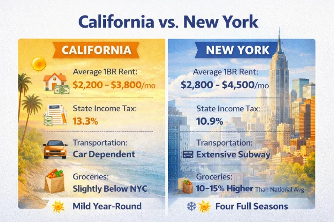 moving from California to New York cost of living comparison between California and New York expenses