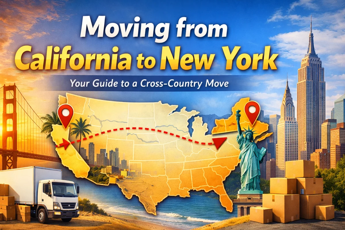 Moving from California to New York cross-country relocation guide with map route and moving truck