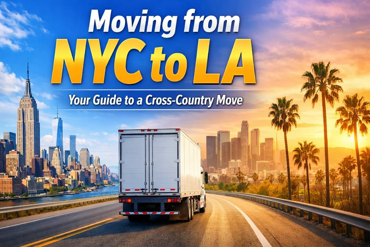 Moving from NYC to LA cross-country relocation guide showing New York skyline, Los Angeles palm trees, and a moving truck