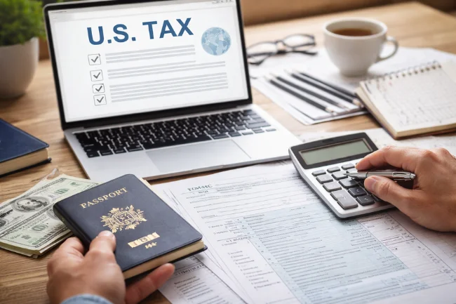 US tax documents and passport showing financial planning when moving out of the US