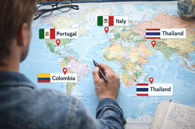 World map showing popular destinations for Americans moving out of the US