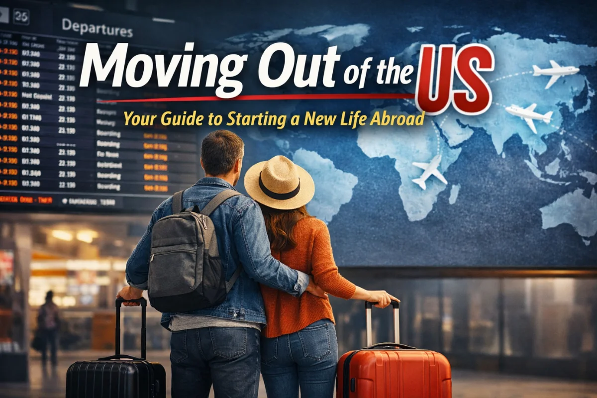 Couple at airport with luggage planning moving out of the US and starting a new life abroad