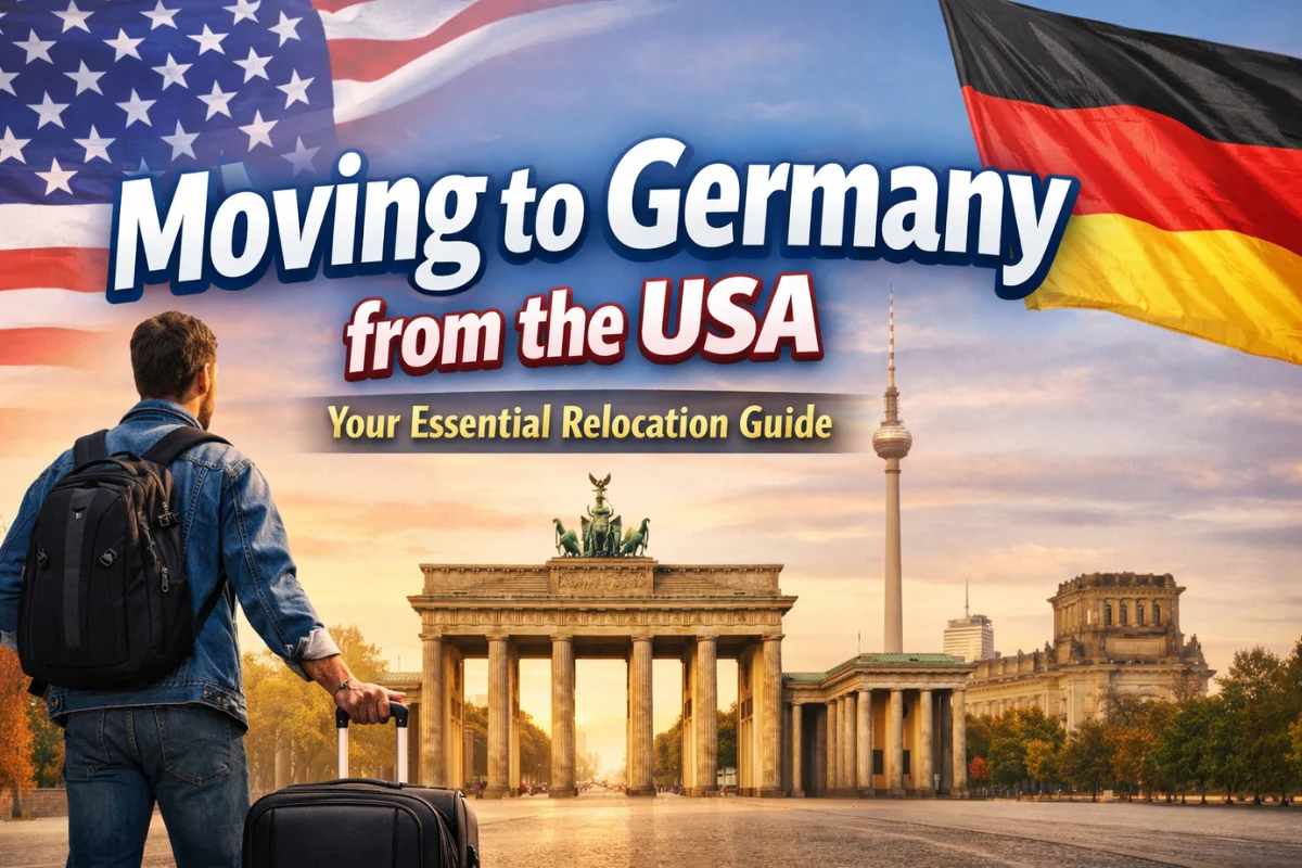 Moving to Germany from the USA guide with traveler, luggage, and Berlin skyline illustration