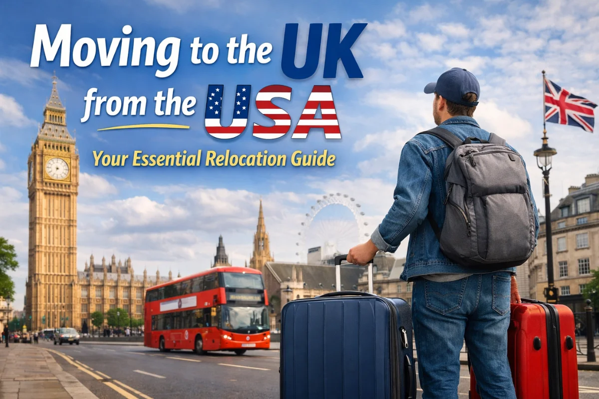 Moving to the UK from the USA relocation guide with traveler and suitcases in London near Big Ben and a red double-decker bus