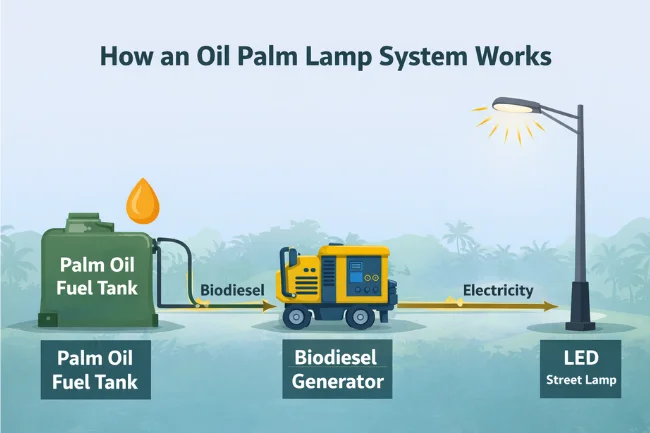 oil palm lamp project existing system diagram showing palm oil fuel tank, biodiesel generator, and LED street lamp setup