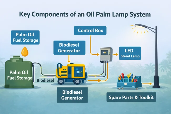 oil palm lamp project existing installation infographic showing fuel storage, biodiesel generator, control box, and LED street lamp