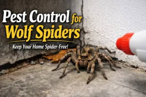 Pest Control for Wolf Spiders: Complete Guide Pest Control for Wolf Spiders guide with large bold title text over a background of a wolf spider near a home foundation.