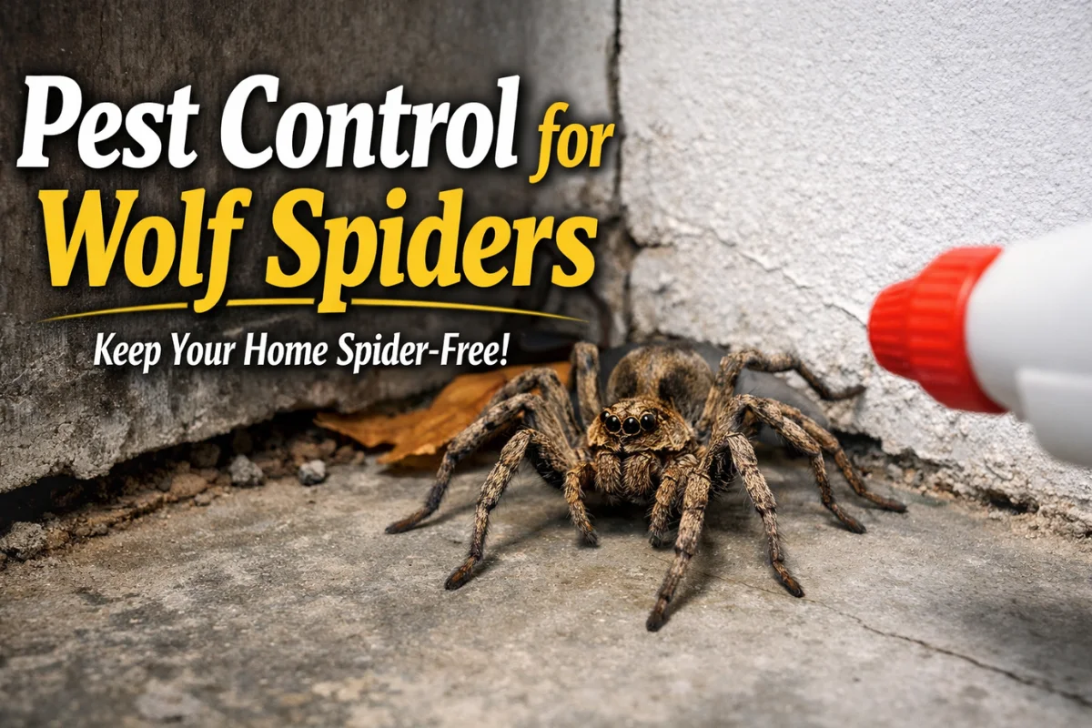 Pest Control for Wolf Spiders guide with large bold title text over a background of a wolf spider near a home foundation.