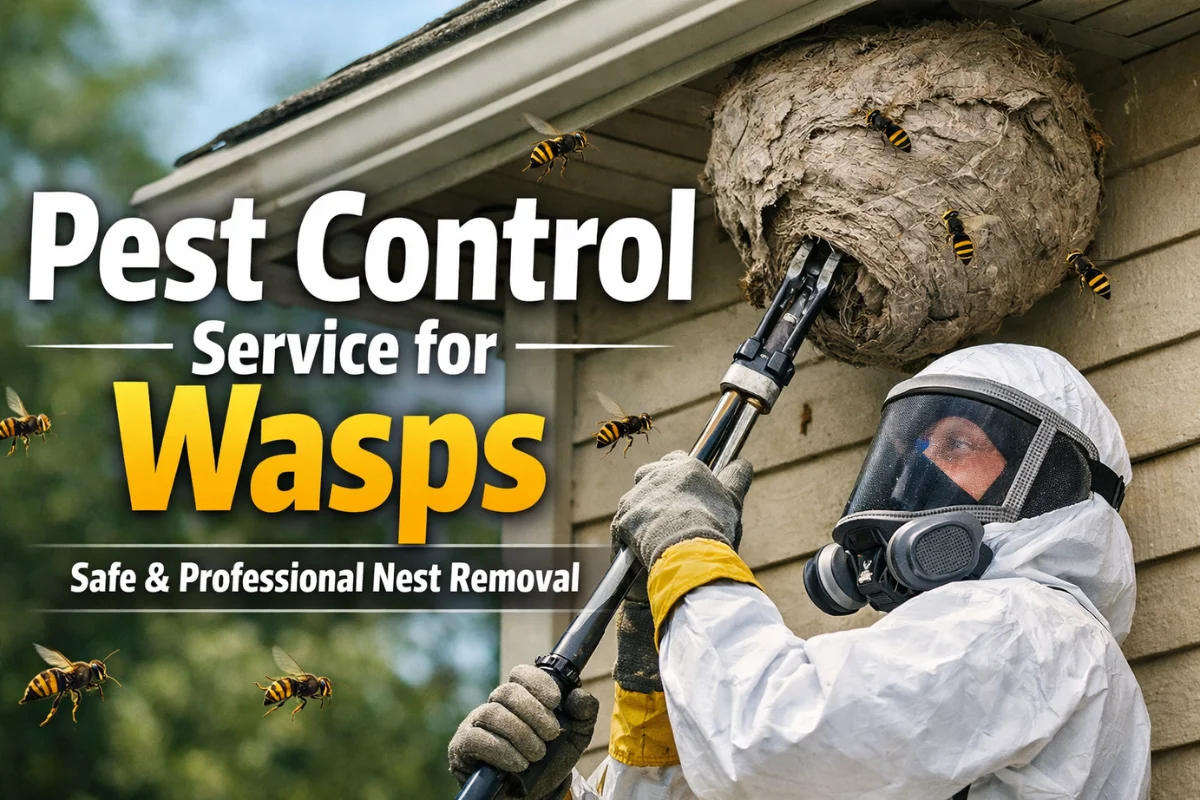 Pest control technician removing a large wasp nest under roof eaves – Pest Control Service for Wasps