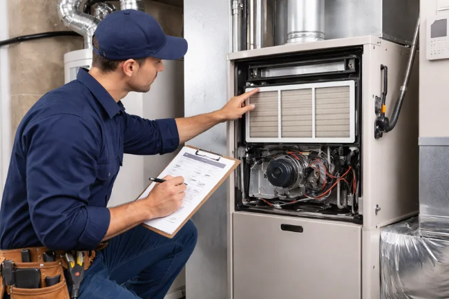 HVAC technician performing routine furnace maintenance at home