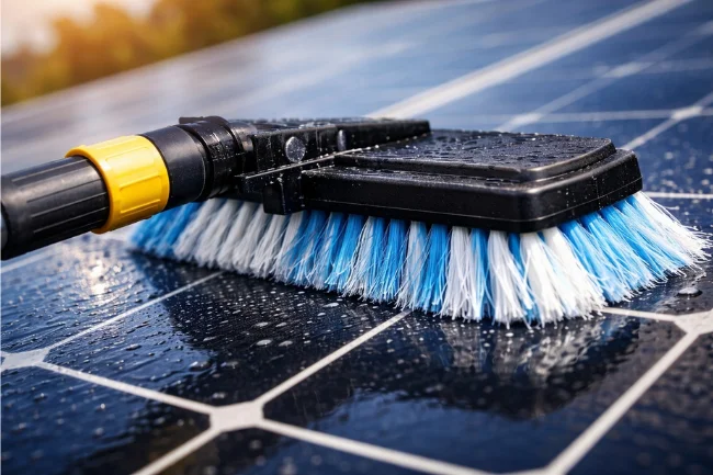 soft brush for solar panel cleaning showing gentle bristles safely touching photovoltaic glass surface