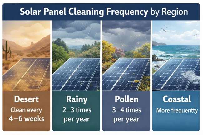 soft brush for solar panel cleaning frequency guide showing how often solar panels should be cleaned in desert, rainy, pollen, and coastal regions