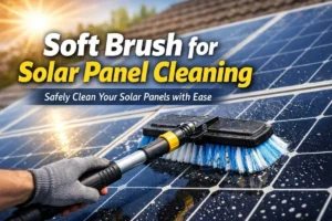 Soft brush for solar panel cleaning being used to gently remove dust from rooftop solar panels for safe and efficient maintenance