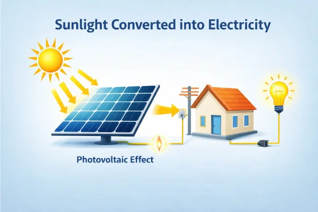 solar panels tease passage infographic showing how sunlight converts into electricity through the photovoltaic effect