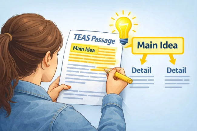 solar panels tease passage main idea question example showing a student identifying the main idea and supporting details in a TEAS reading passage
