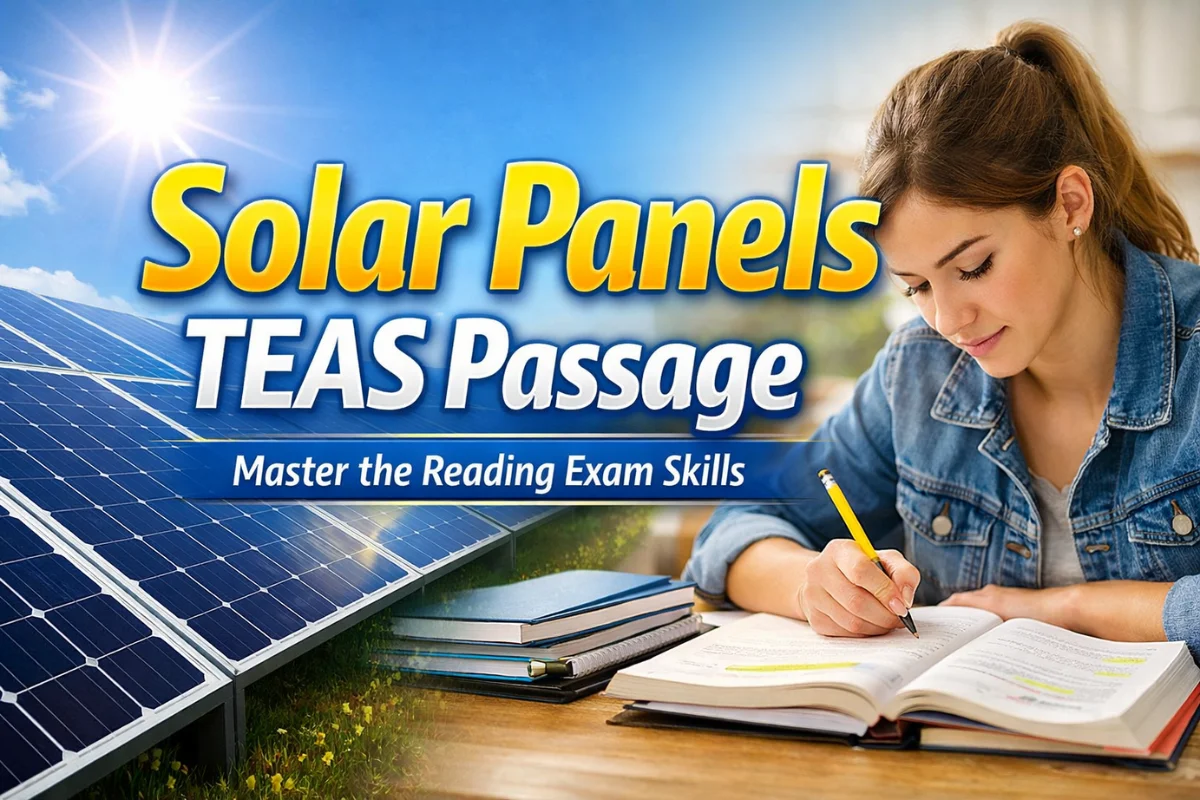 Solar panels tease passage study guide showing solar panels with exam preparation concept for TEAS reading comprehension