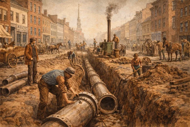 19th-century American workers installing underground plumbing pipes in a growing city