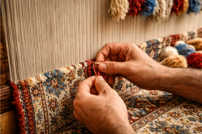 artisan hand-knotting wollmatten wool rug on a traditional loom showing detailed craftsmanship