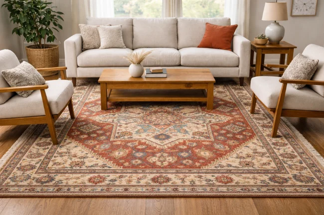 wollmatten wool rug correctly placed under sofa and coffee table in a modern living room layout
