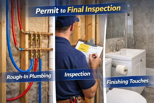home plumbing process stages from rough-in to finish