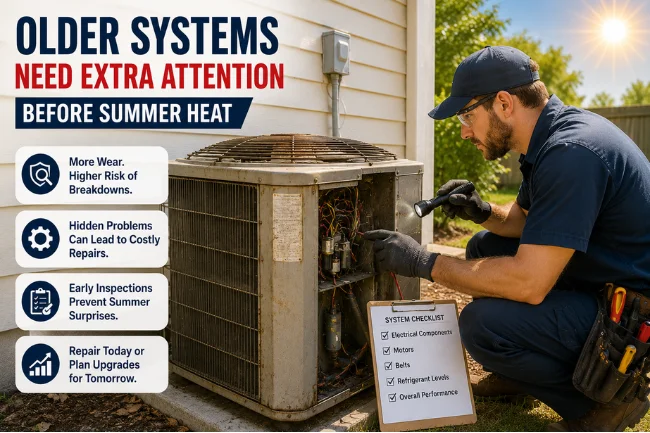 Technician inspecting older cooling unit before hot weather